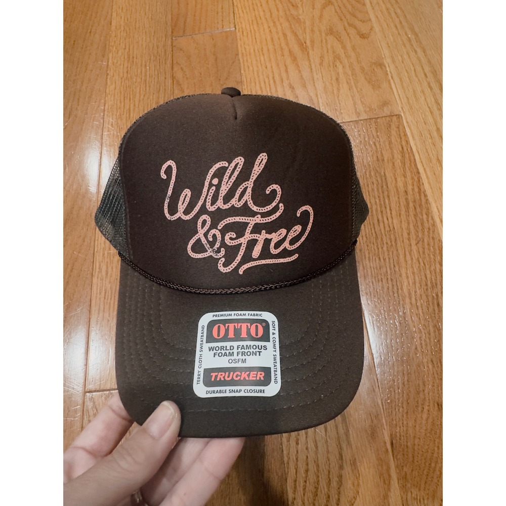 OTTO Wild & Free Brown Foam Trucker Hat Pink Script Mesh Snapback Cap NEW